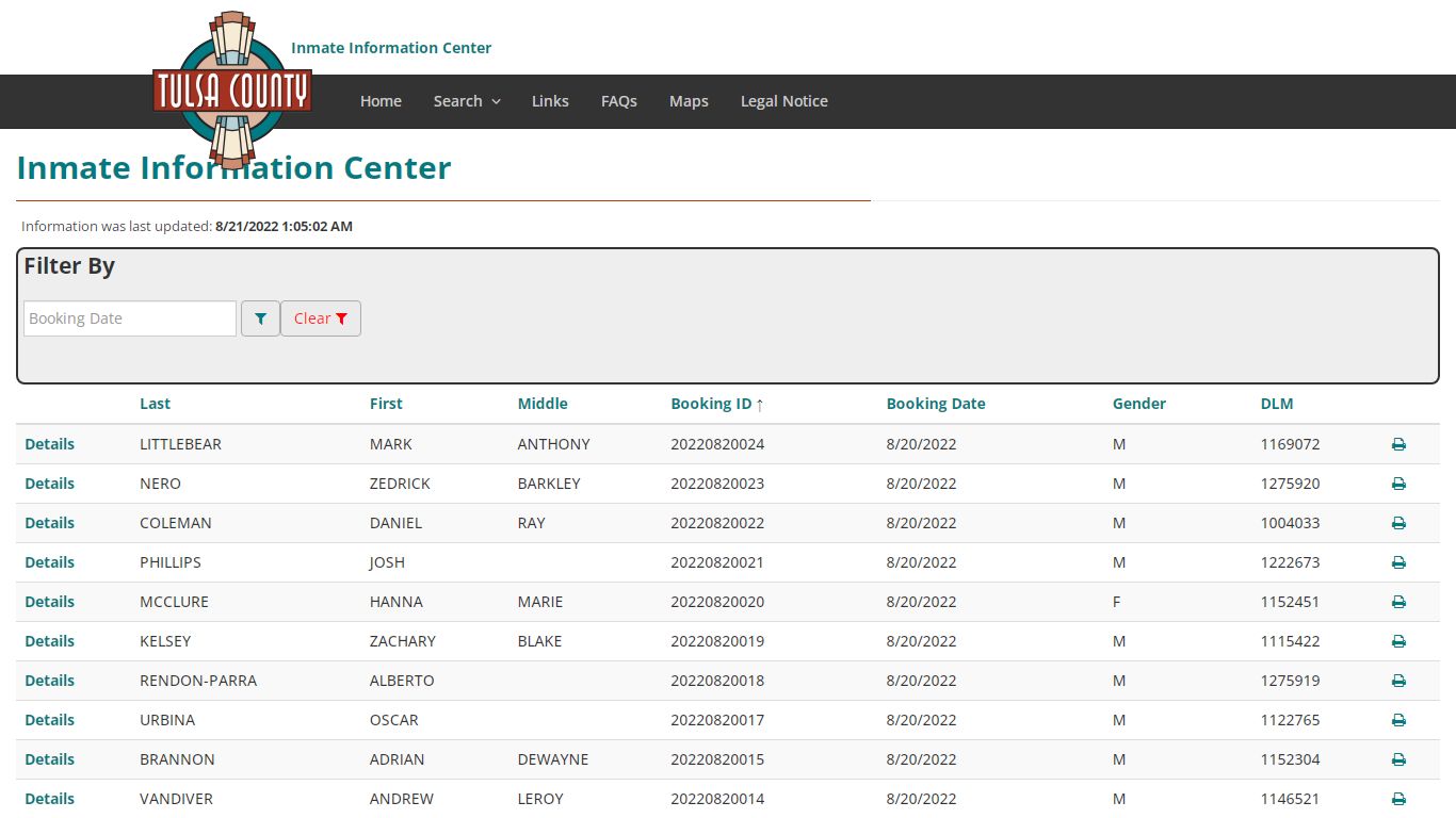 Booking Index - Inmate Information Center - Tulsa County, Oklahoma